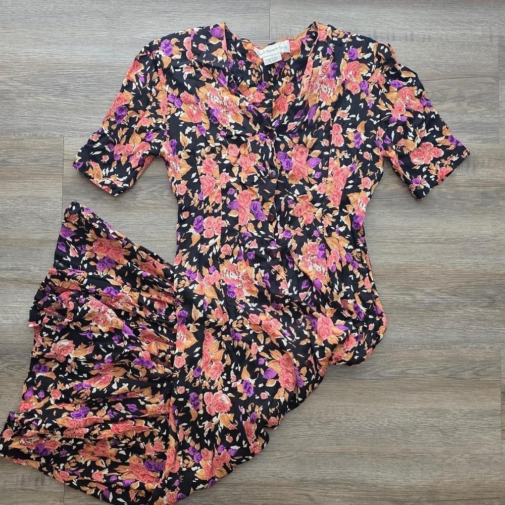 Vintage Paris Sport Club Floral Dress Black Pink Purple Rayon Midi Size 7